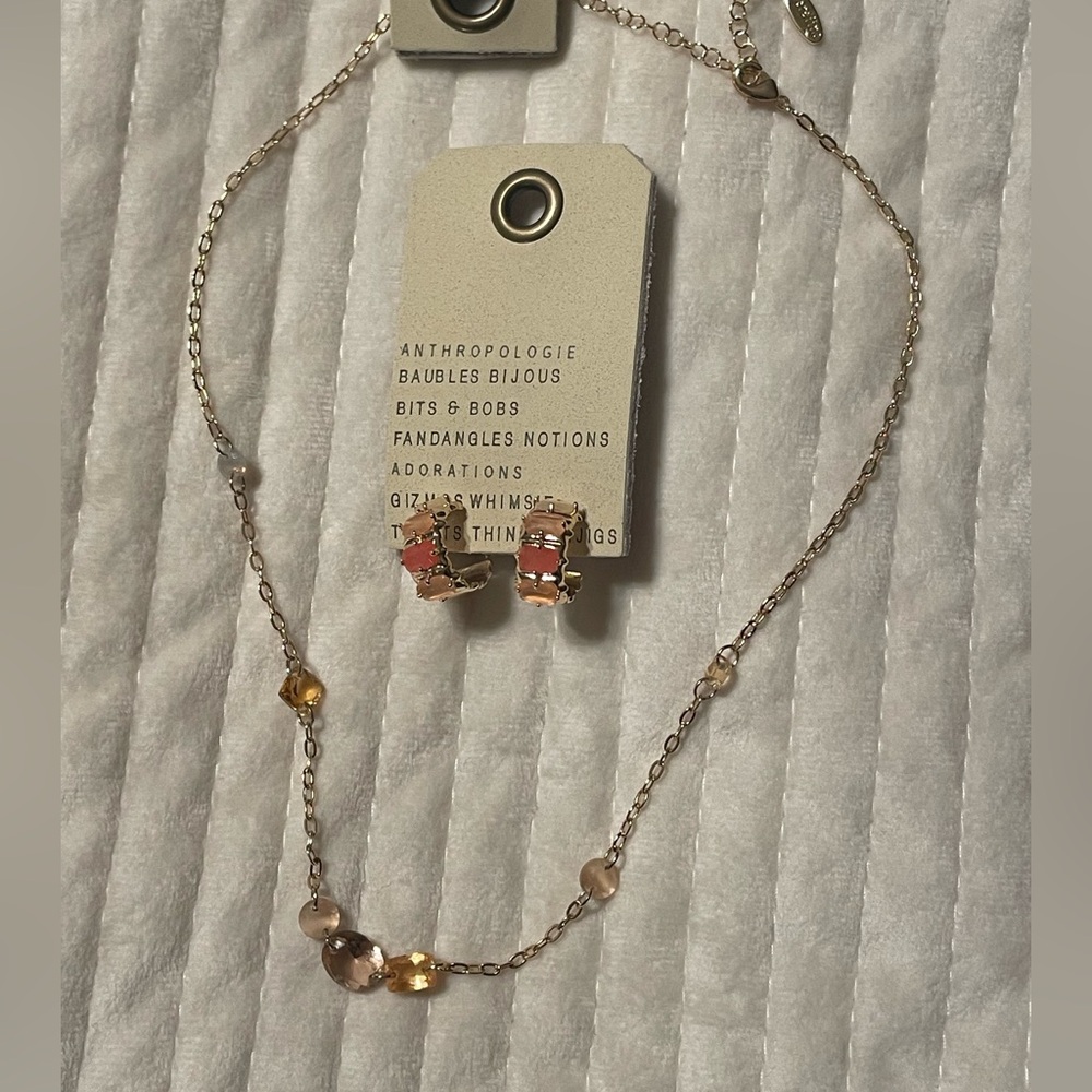 Anthropologie Pink and Gold Delicate Stone Necklace with Matching Studs